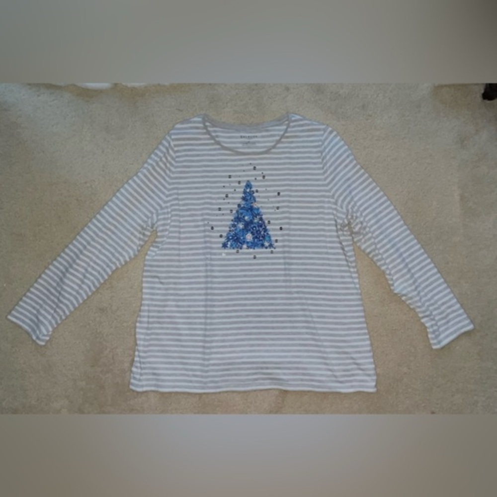 Talbots Plus Gray & White Striped T Shirt w/ Blue Christmas Tree - Size 2X - EUC